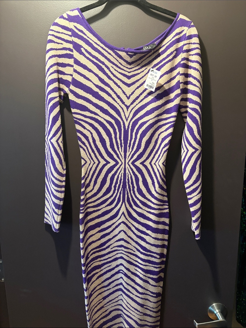 Purple and Cream Zebra-Print Long Sleeve Bodycon Dress